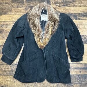 Laura Winston Suede Jacket Raccoon Fur Collar Black Blazer Size‎ M